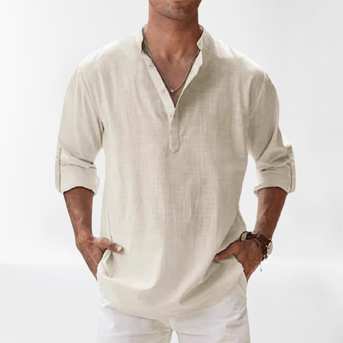 Camicia Henley elegante da uomo in misto lino - manica lunga, comoda vestibilità regolare per tutti i giorni