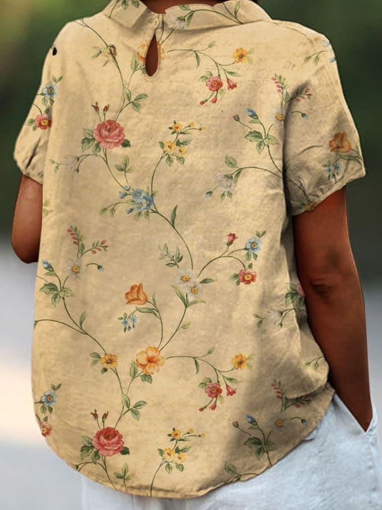 Elegante camicia in cotone retrò con disegno floreale per donna
