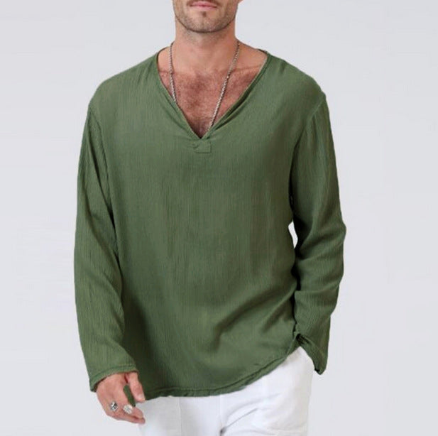Elegante camicia da uomo a maniche lunghe in cotone naturale e lino con elegante scollo a V per un comfort e un look casual