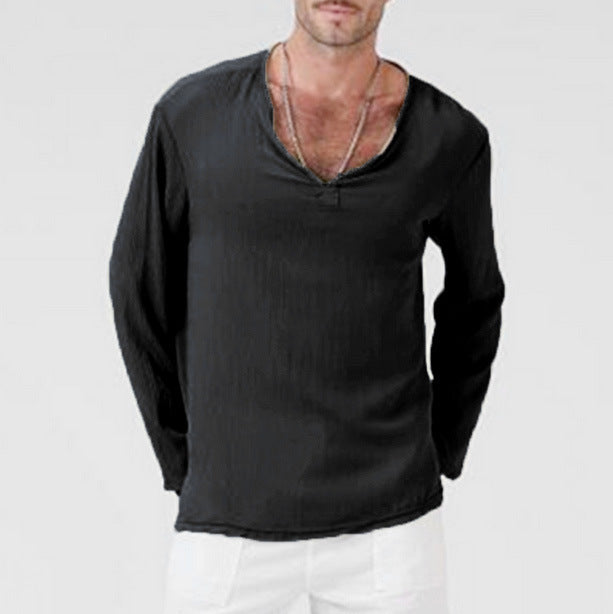 Elegante camicia da uomo a maniche lunghe in cotone naturale e lino con elegante scollo a V per un comfort e un look casual