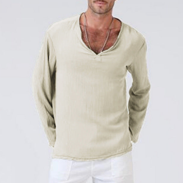 Elegante camicia da uomo a maniche lunghe in cotone naturale e lino con elegante scollo a V per un comfort e un look casual
