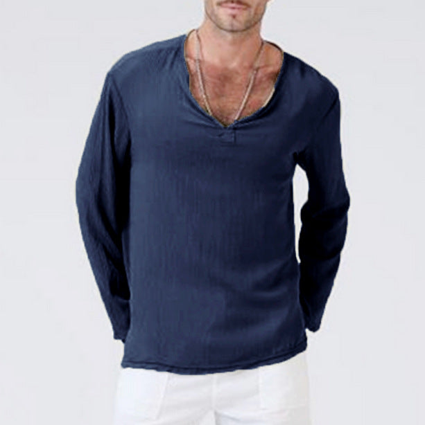 Elegante camicia da uomo a maniche lunghe in cotone naturale e lino con elegante scollo a V per un comfort e un look casual