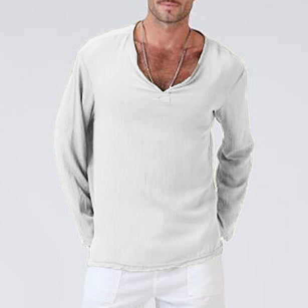 Elegante camicia da uomo a maniche lunghe in cotone naturale e lino con elegante scollo a V per un comfort e un look casual