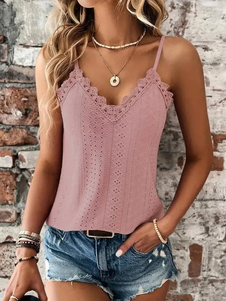 Top sans manches per donna con gocce d'acqua, scollo a V elegante, bordatura in pelle raffinata e bretelle regolabili per uno stile perfetto.
