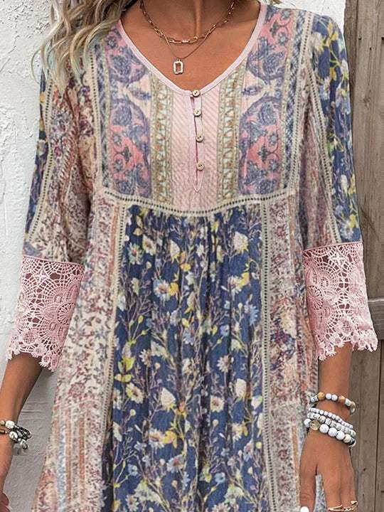 Robe Boho Chic pour Femmes avec Décolleté en V et Boutons - Manches Mi-Longues en Dentelle - Jupe Longue Taille-Saumon pour un Style Décontracté