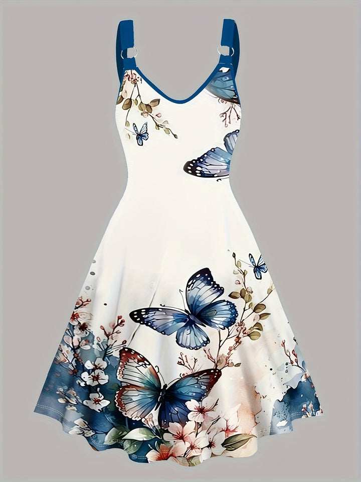 Elegante vestaglia da donna senza maniche, con una suggestiva stampa papillon e un elegante scollo a V con scollatura a punta