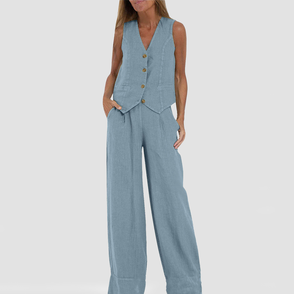 Abito elegante da donna senza maniche in lino con pantaloni coordinati