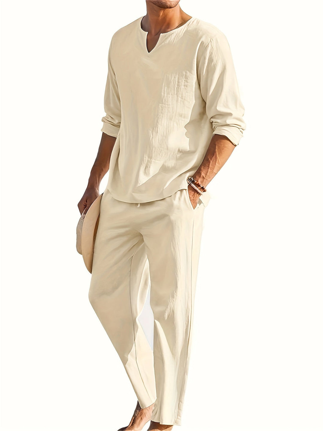 Elegante set da uomo con scollo a punta, polsini lunghi e comodi pantaloni larghi