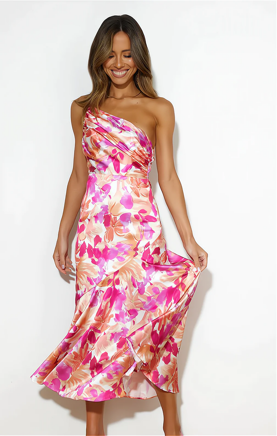Aveline - Elegante abito midi asimmetrico con motivo floreale per un'occasione unica ed elegante