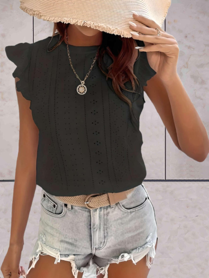 Elegante top voluminoso senza maniche da donna con una scollatura di grande effetto