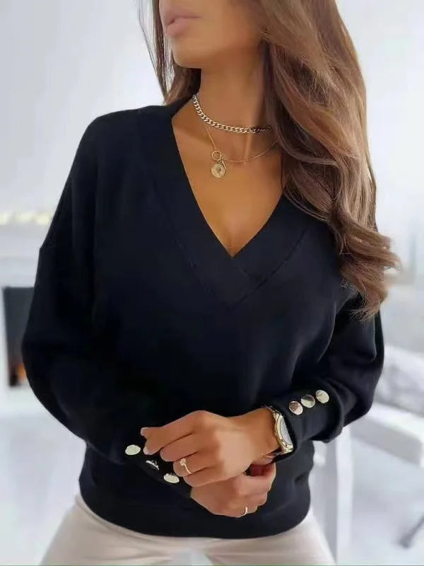 Accogliente maglione da donna con scollo a cuore, morbido tessuto a maglia, maniche lunghe ed eleganti bottoni - vestibilità comoda e casual