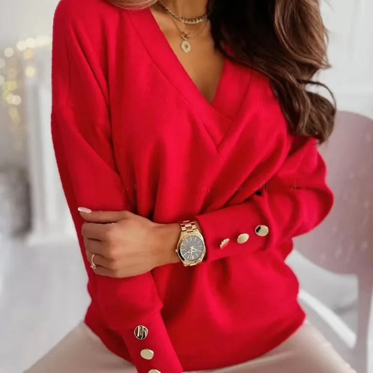 Accogliente maglione da donna con scollo a cuore, morbido tessuto a maglia, maniche lunghe ed eleganti bottoni - vestibilità comoda e casual
