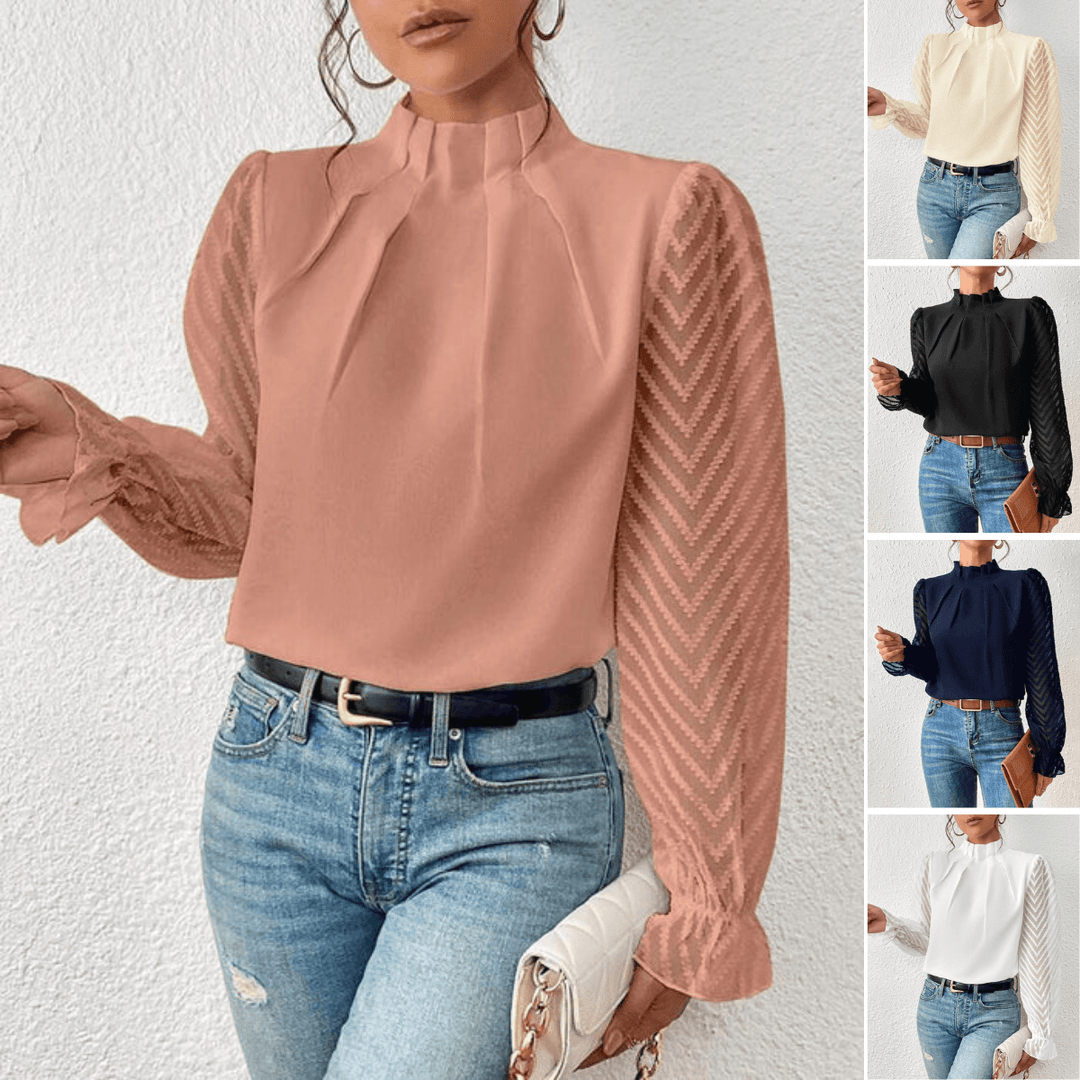Elegante blusa femminile in chiffon con collo alto e taglio a pieghe con polsini trasparenti
