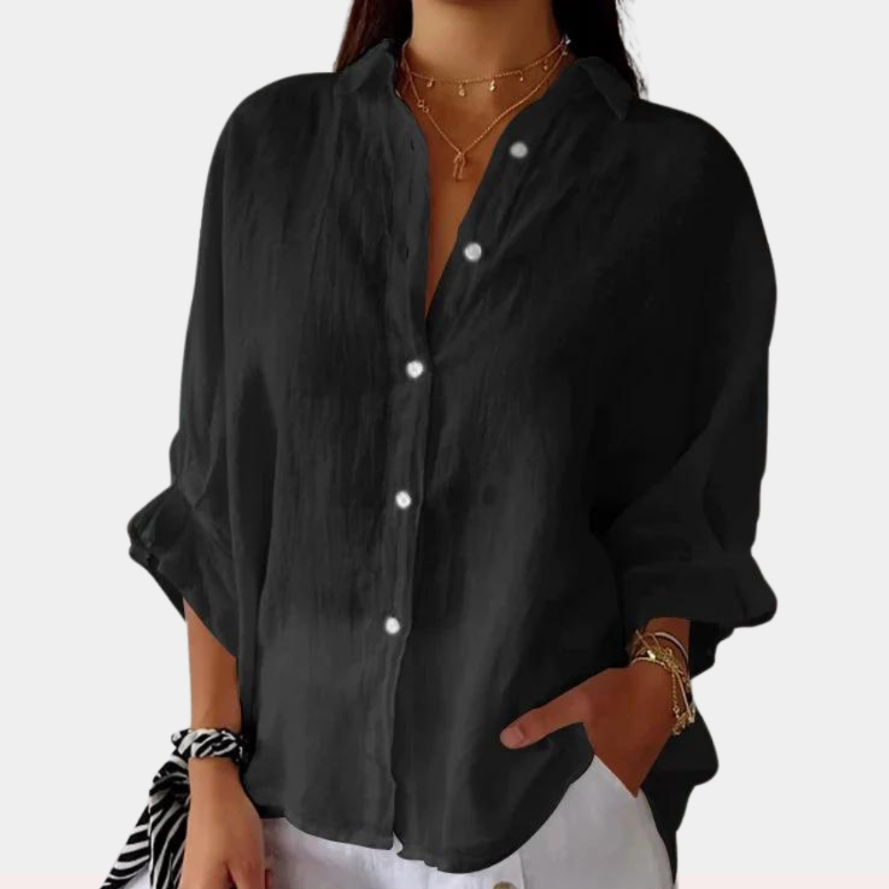 Elyra - Classica blusa in lino con colletto elegante e accento di pizzo alla moda