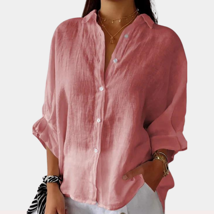 Elyra - Classica blusa in lino con colletto elegante e accento di pizzo alla moda