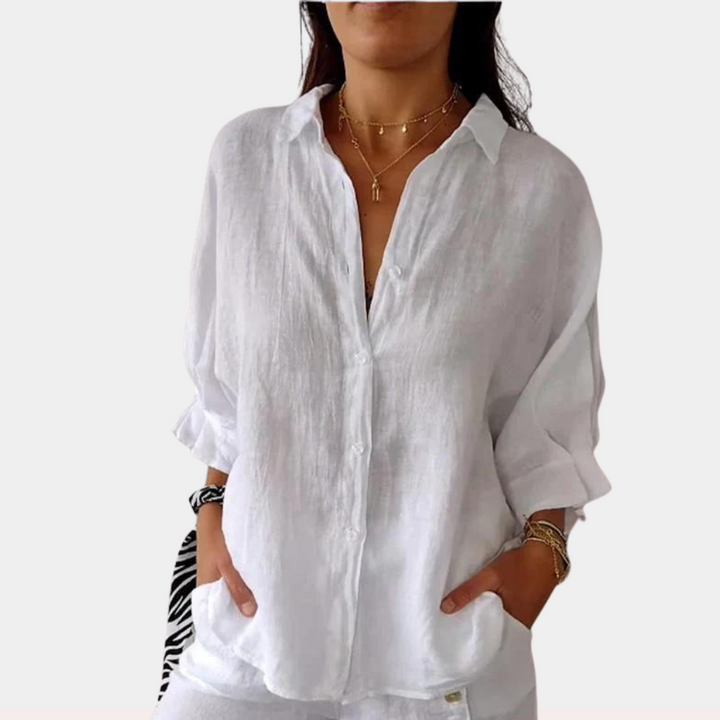 Elyra - Classica blusa in lino con colletto elegante e accento di pizzo alla moda