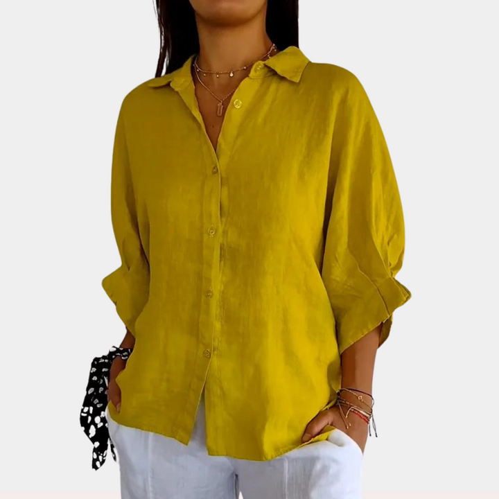 Elyra - Classica blusa in lino con colletto elegante e accento di pizzo alla moda