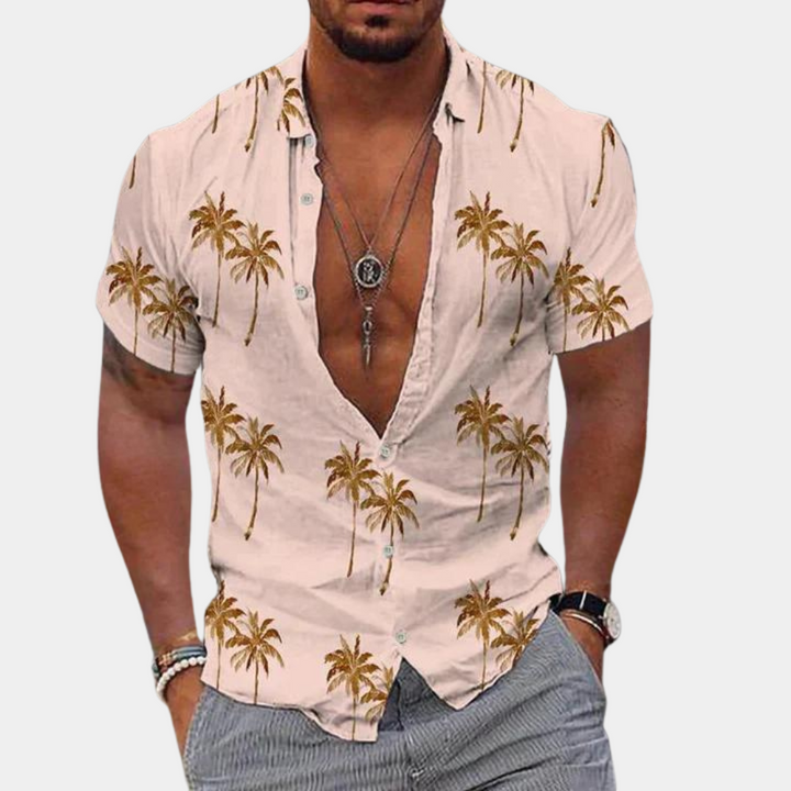 Elegante camicia da uomo button-down con stampa Palmier Tropical - vestibilità sartoriale e stile contratto, un'ottima scelta per ogni occasione
