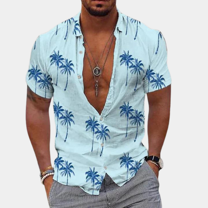 Elegante camicia da uomo button-down con stampa Palmier Tropical - vestibilità sartoriale e stile contratto, un'ottima scelta per ogni occasione