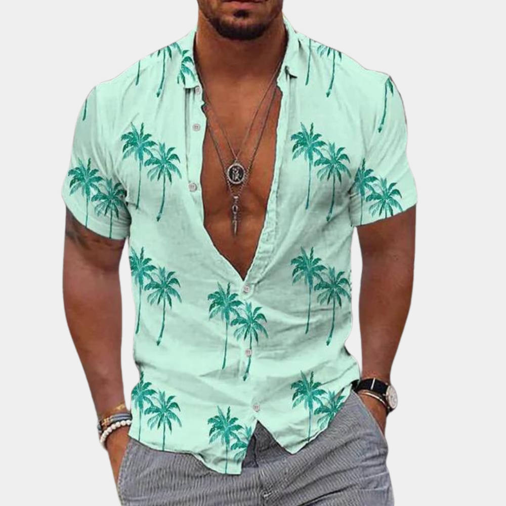 Elegante camicia da uomo button-down con stampa Palmier Tropical - vestibilità sartoriale e stile contratto, un'ottima scelta per ogni occasione