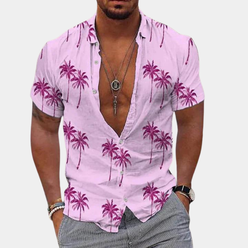Elegante camicia da uomo button-down con stampa Palmier Tropical - vestibilità sartoriale e stile contratto, un'ottima scelta per ogni occasione