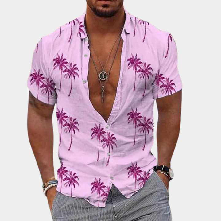 Elegante camicia da uomo button-down con stampa Palmier Tropical - vestibilità sartoriale e stile contratto, un'ottima scelta per ogni occasione