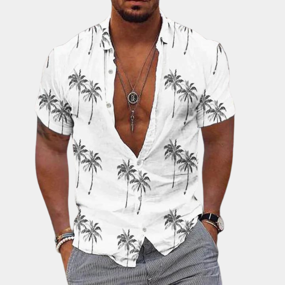 Elegante camicia da uomo button-down con stampa Palmier Tropical - vestibilità sartoriale e stile contratto, un'ottima scelta per ogni occasione