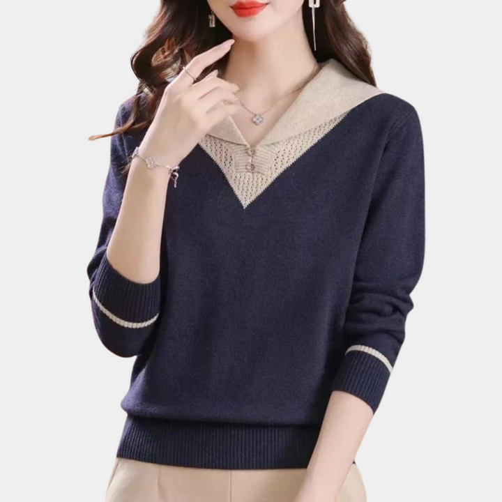 Elegante maglione da donna con scollo a V ed elegante motivo patchwork