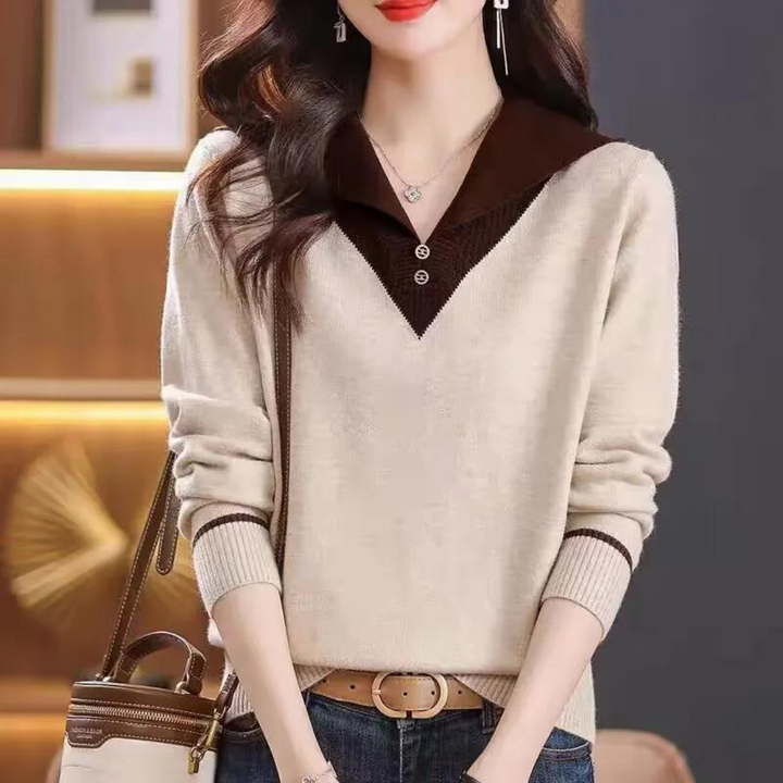Elegante maglione da donna con scollo a V ed elegante motivo patchwork