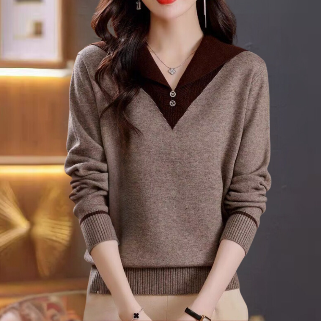 Elegante maglione da donna con scollo a V ed elegante motivo patchwork