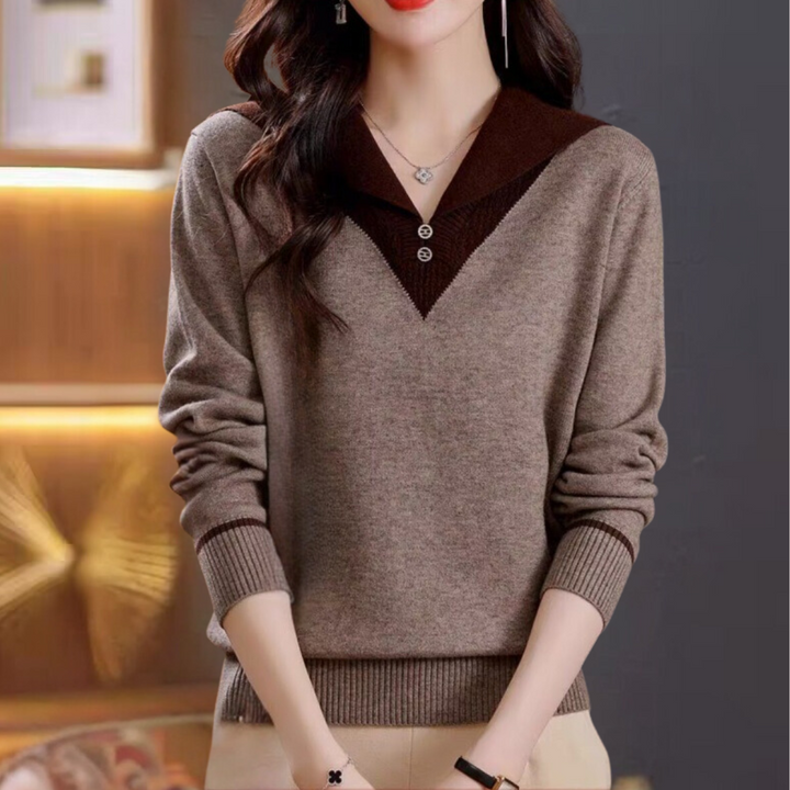 Elegante maglione da donna con scollo a V ed elegante motivo patchwork