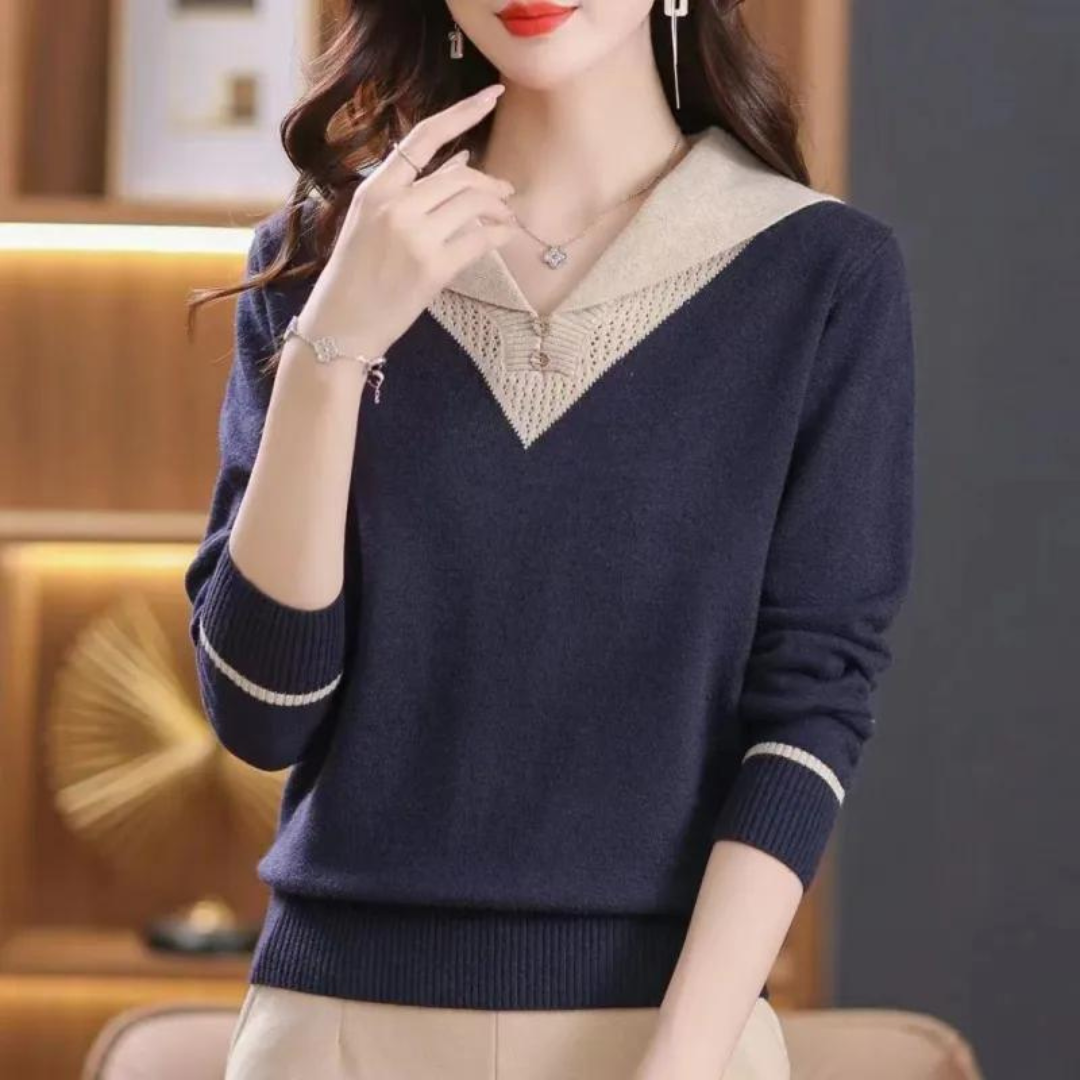 Elegante maglione da donna con scollo a V ed elegante motivo patchwork