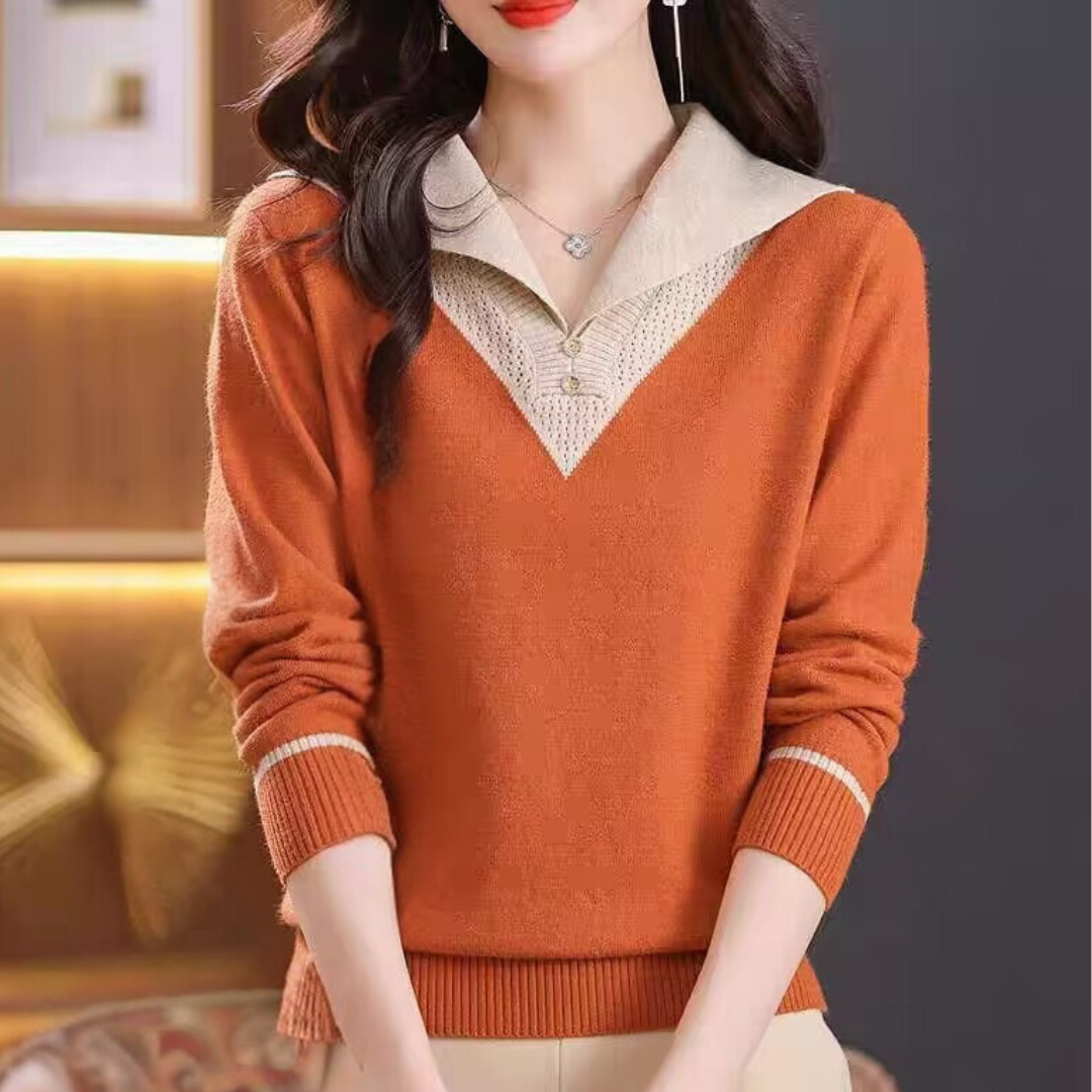 Elegante maglione da donna con scollo a V ed elegante motivo patchwork