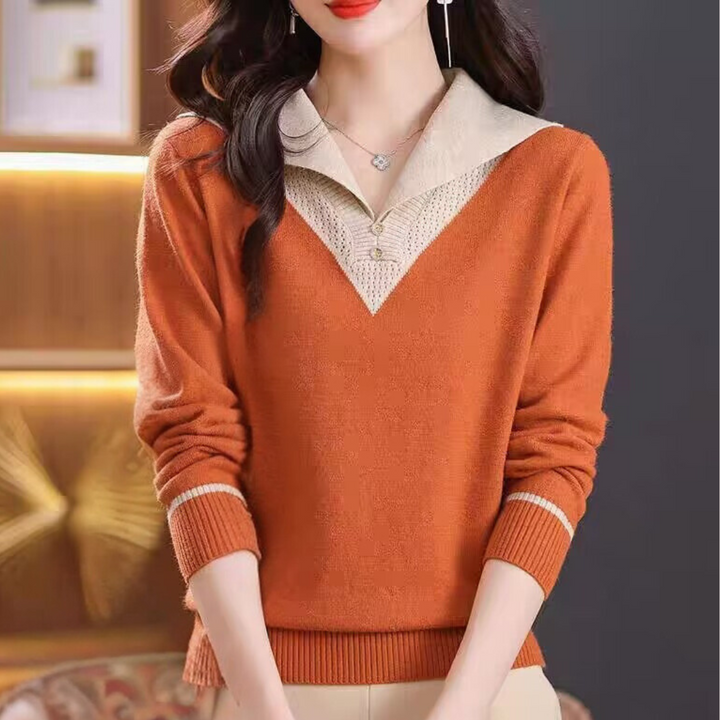 Elegante maglione da donna con scollo a V ed elegante motivo patchwork