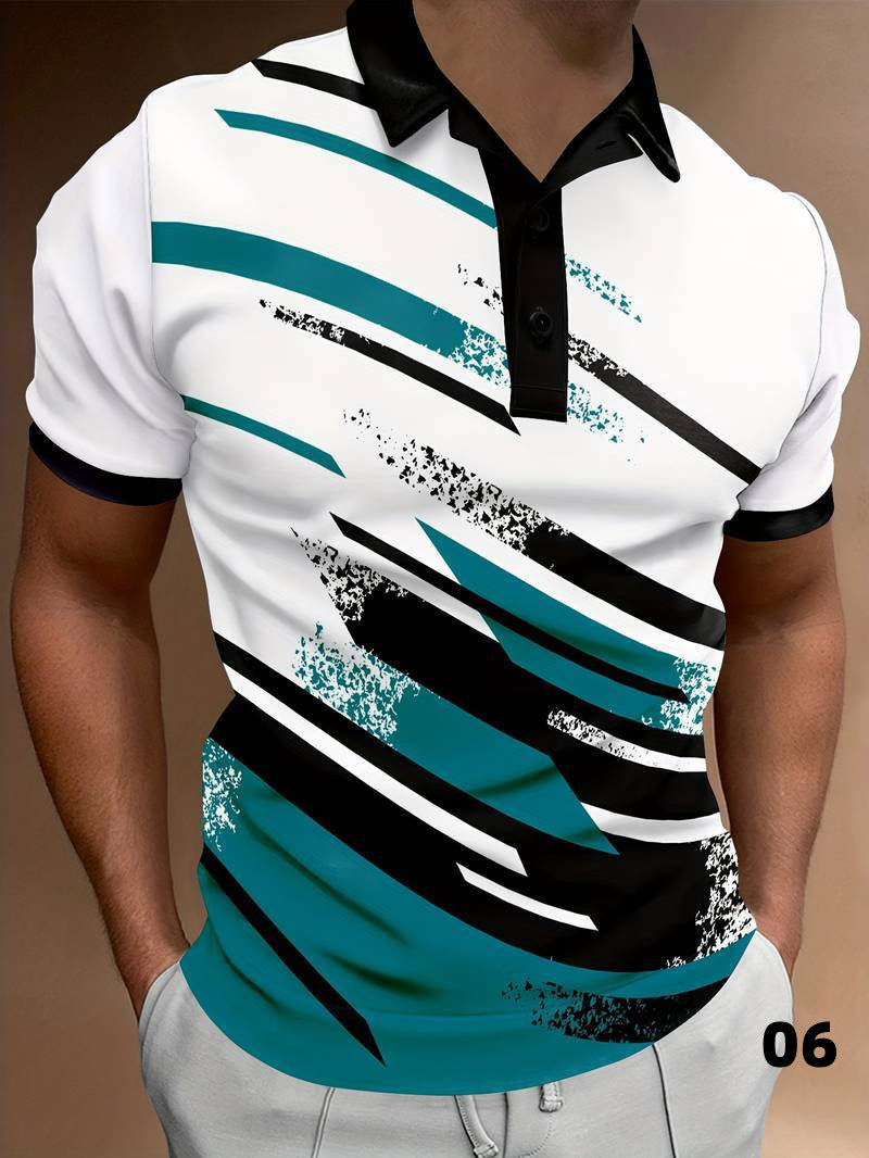 Polo elegante da uomo con moderna stampa astratta, manica corta, bottoni e vestibilità ampia.