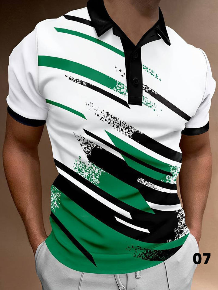 Polo elegante da uomo con moderna stampa astratta, manica corta, bottoni e vestibilità ampia.