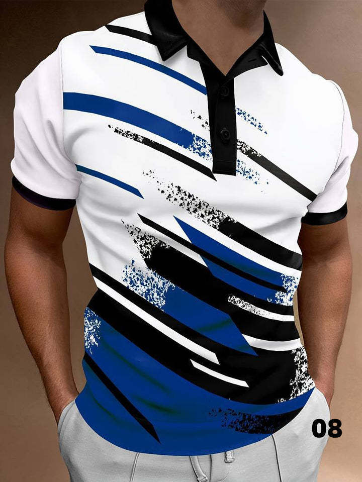 Polo elegante da uomo con moderna stampa astratta, manica corta, bottoni e vestibilità ampia.
