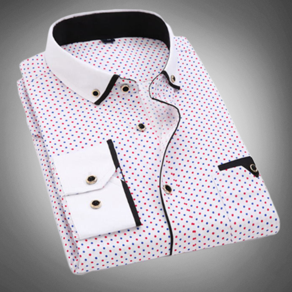 T-shirt da uomo elegante con dettagli in pois, colletto classico, polsini lunghi e pratico piping sul petto