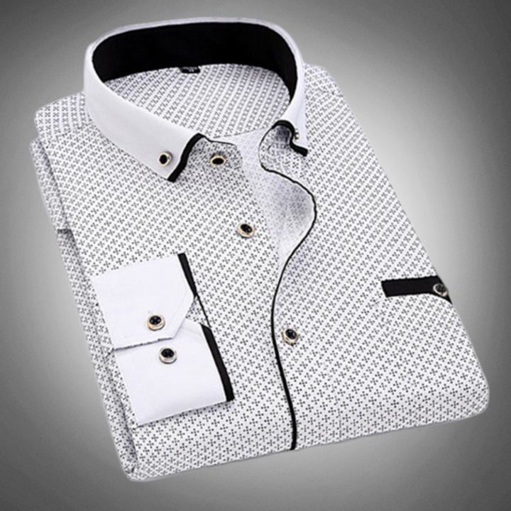T-shirt da uomo elegante con dettagli in pois, colletto classico, polsini lunghi e pratico piping sul petto