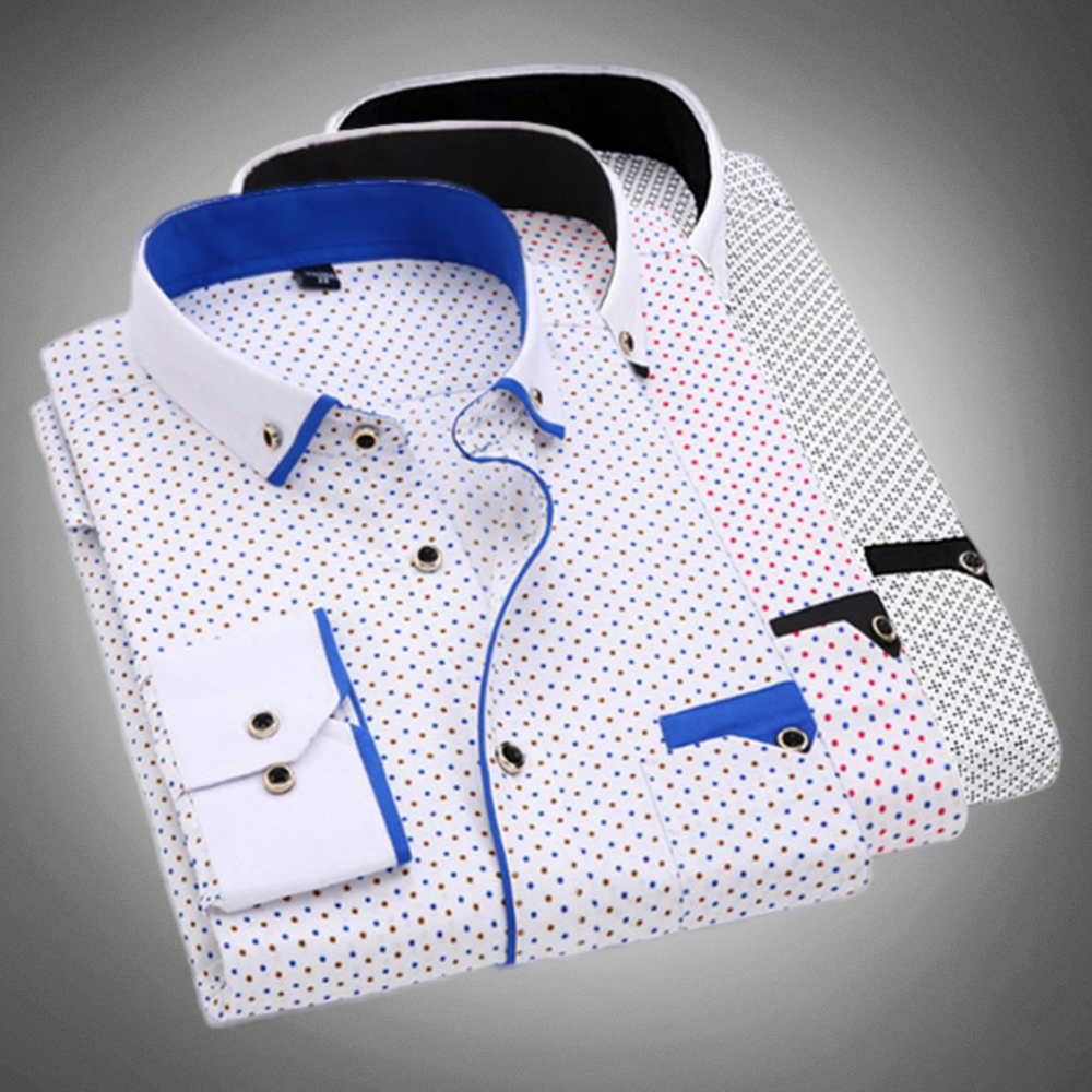 T-shirt da uomo elegante con dettagli in pois, colletto classico, polsini lunghi e pratico piping sul petto