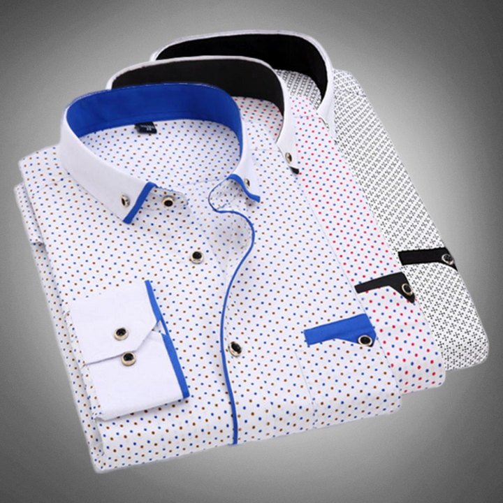 T-shirt da uomo elegante con dettagli in pois, colletto classico, polsini lunghi e pratico piping sul petto