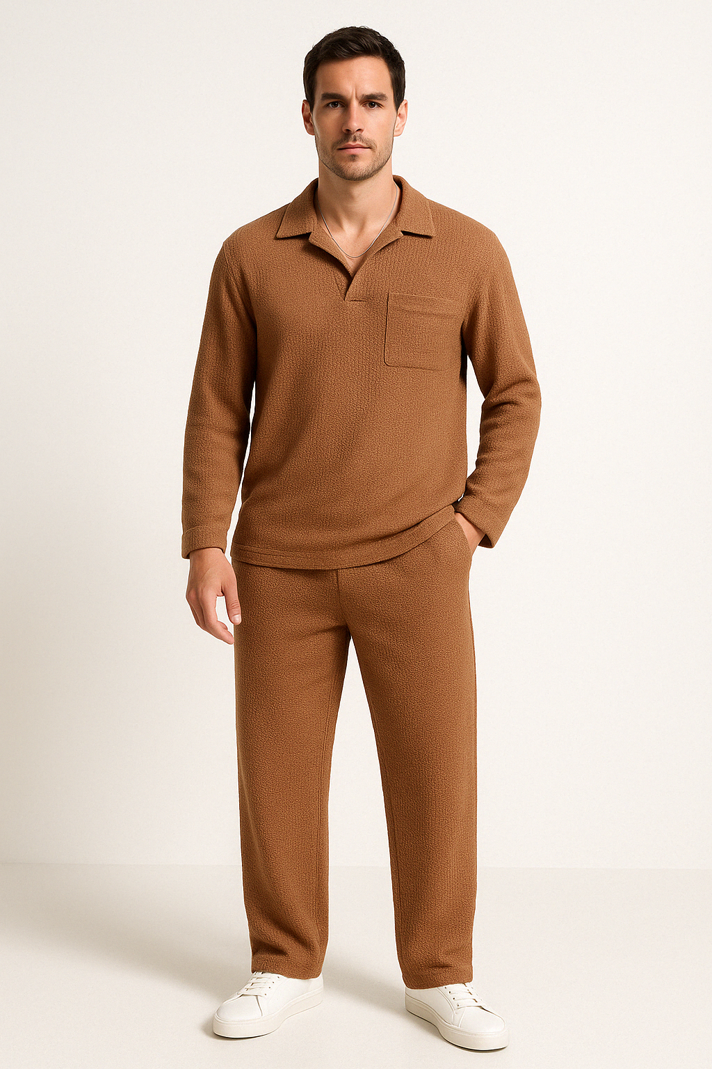 Confortevole set da uomo - elegante camicia a maniche lunghe e morbidi pantaloni in materiale pregiato