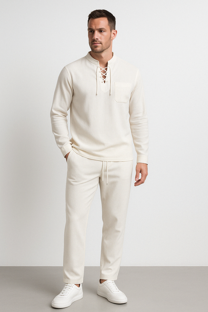 Camicia Henley casual da uomo in misto cotone e lino con allacciatura sul petto alla moda - comoda vestibilità ampia e colletto elasticizzato per uno stile unico