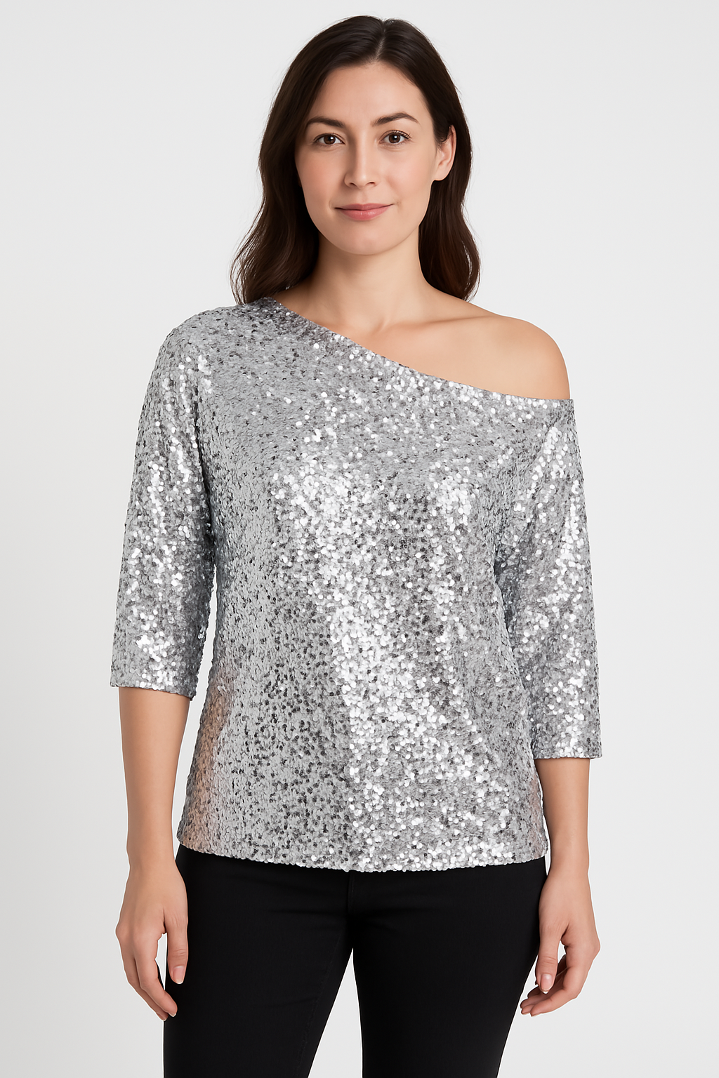 Top da donna in paillettes con spalle scoperte - elegante, vestibilità ampia con maniche medie alla moda per un evento speciale