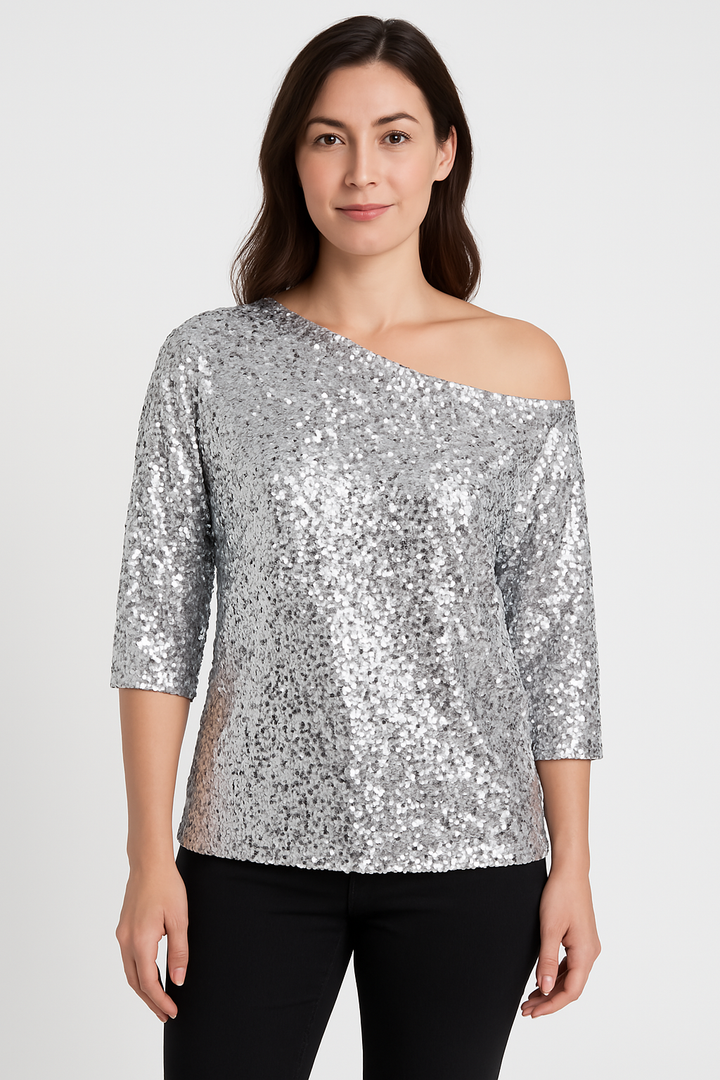 Top da donna in paillettes con spalle scoperte - elegante, vestibilità ampia con maniche medie alla moda per un evento speciale