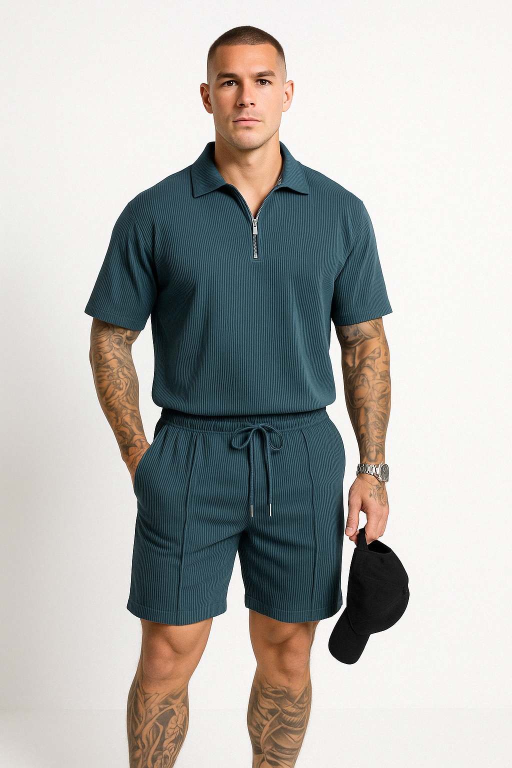 Completo di polo e pantaloni corti per uomo - Massimo comfort ed eleganza - Cappuccio con crema e cintura con cordone - Algodón trasparente per i tuoi giorni di attività