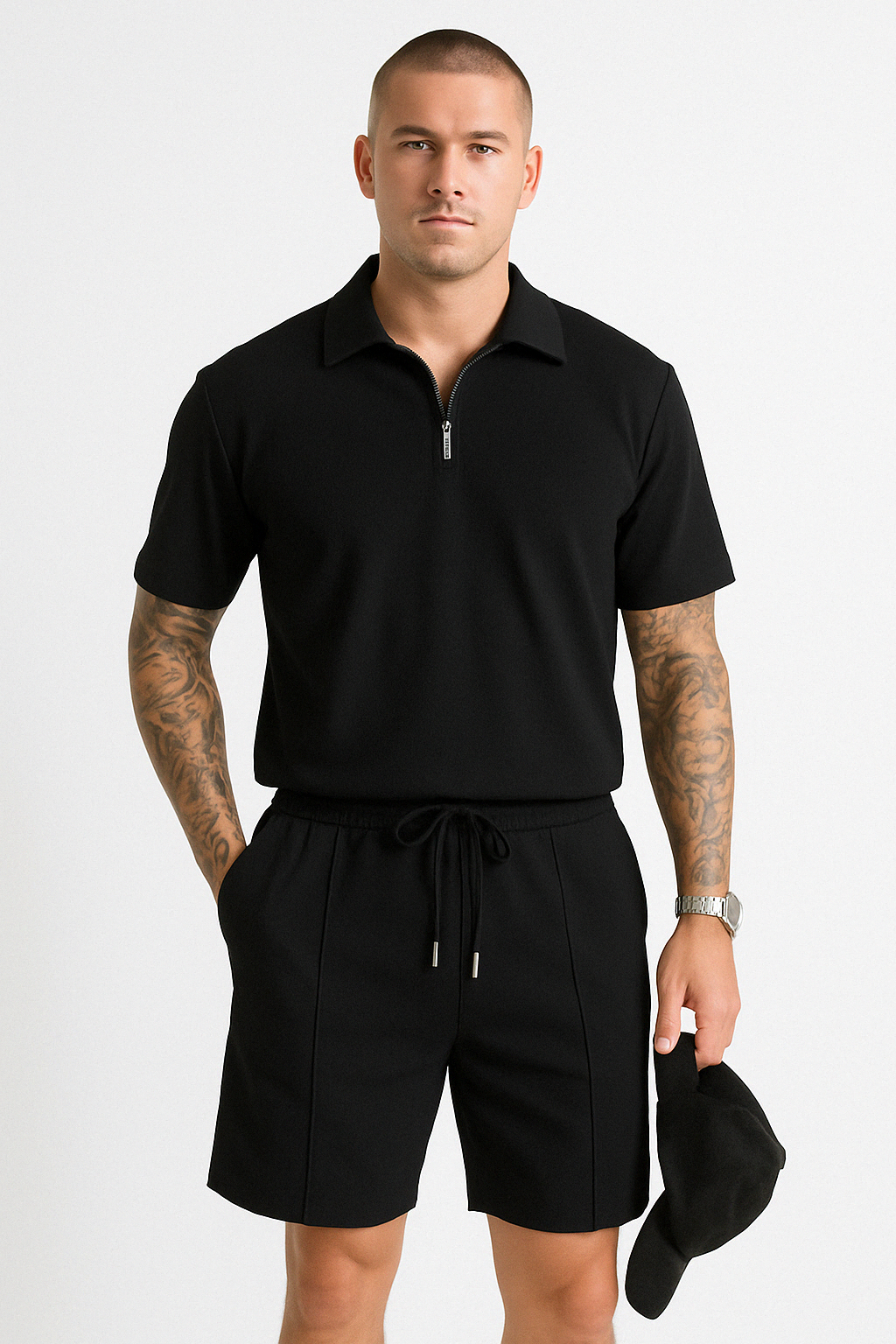 Completo di polo e pantaloni corti per uomo - Massimo comfort ed eleganza - Cappuccio con crema e cintura con cordone - Algodón trasparente per i tuoi giorni di attività