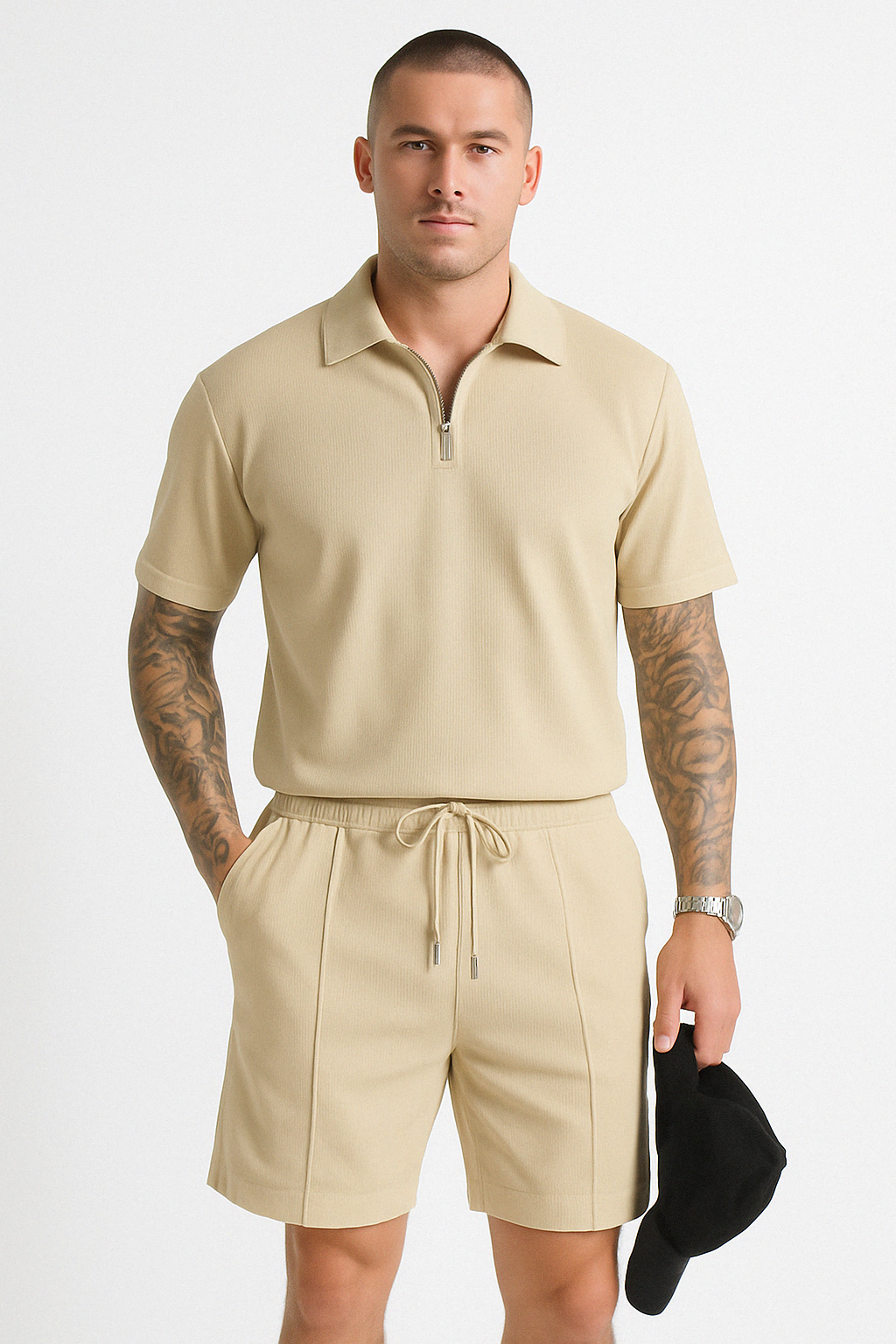 Completo di polo e pantaloni corti per uomo - Massimo comfort ed eleganza - Cappuccio con crema e cintura con cordone - Algodón trasparente per i tuoi giorni di attività