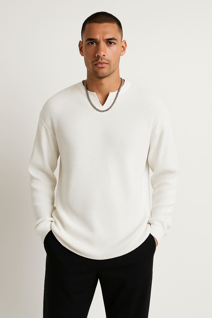 Comoda T-shirt da uomo a maniche lunghe con scollo a costine - strato base con vestibilità ampia