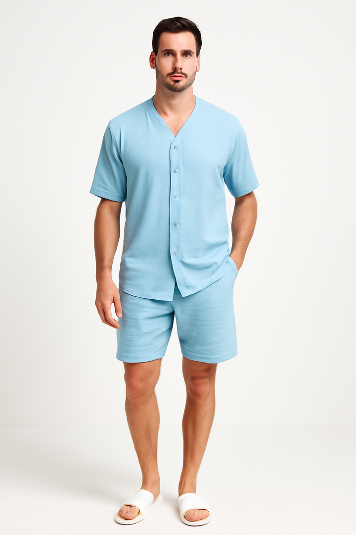 Completo maschile a due pezzi - Elegante camice a V con bottoni e comodi pantaloncini d'algodon traspiranti
